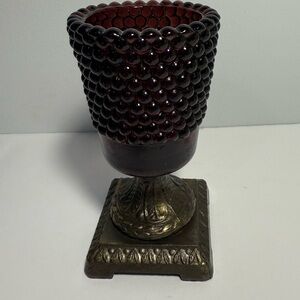 Purple Glass vintage votive holder vase on metal stand